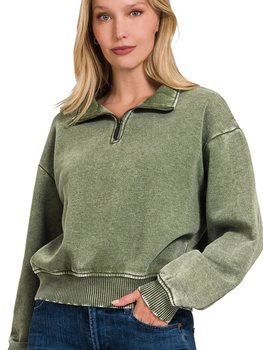 ZENANA LT OLIVE ACID WASH FLEECE HALF ZIP PULLOVER